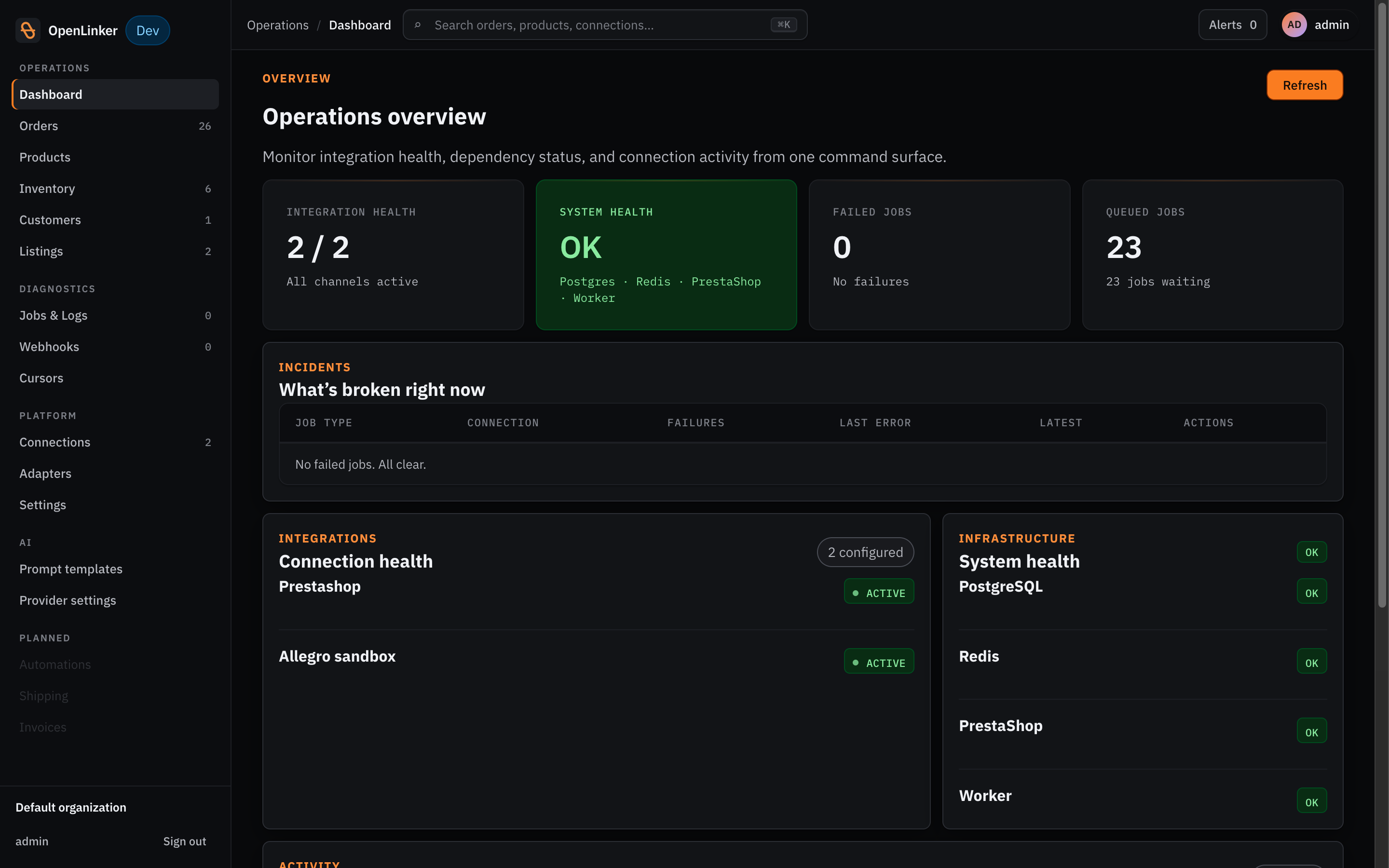 OpenLinker admin dashboard — jobs, connections, and recent orders